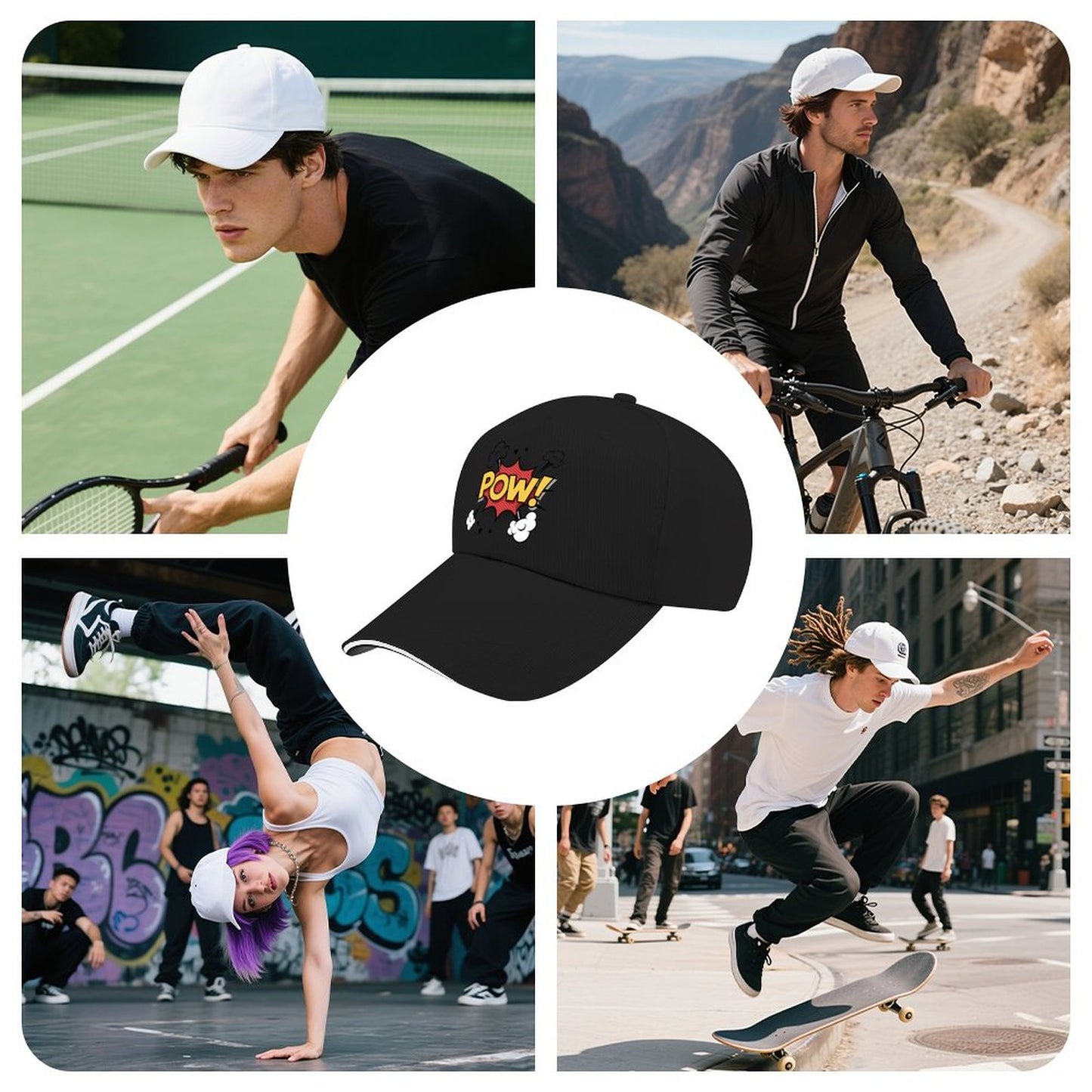 "POW" Baseball Cap for Men Women Curved Visor Sandwich