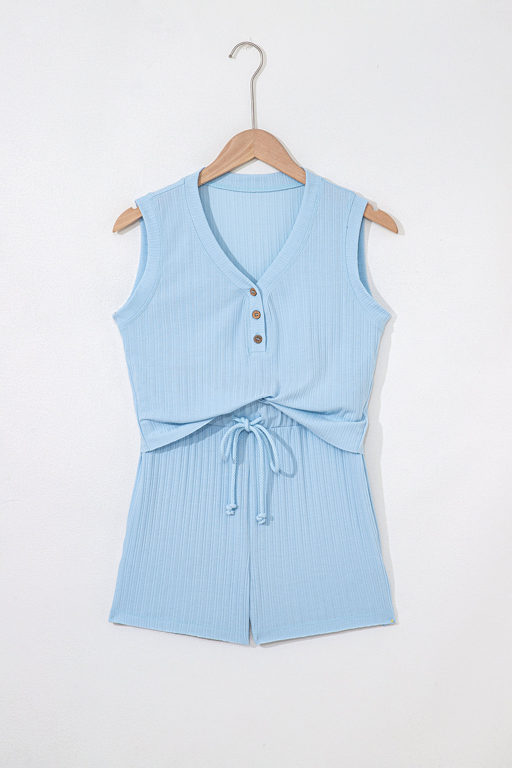 Beau Blue Ribbed Button V Neck Tank Top and Shorts Set