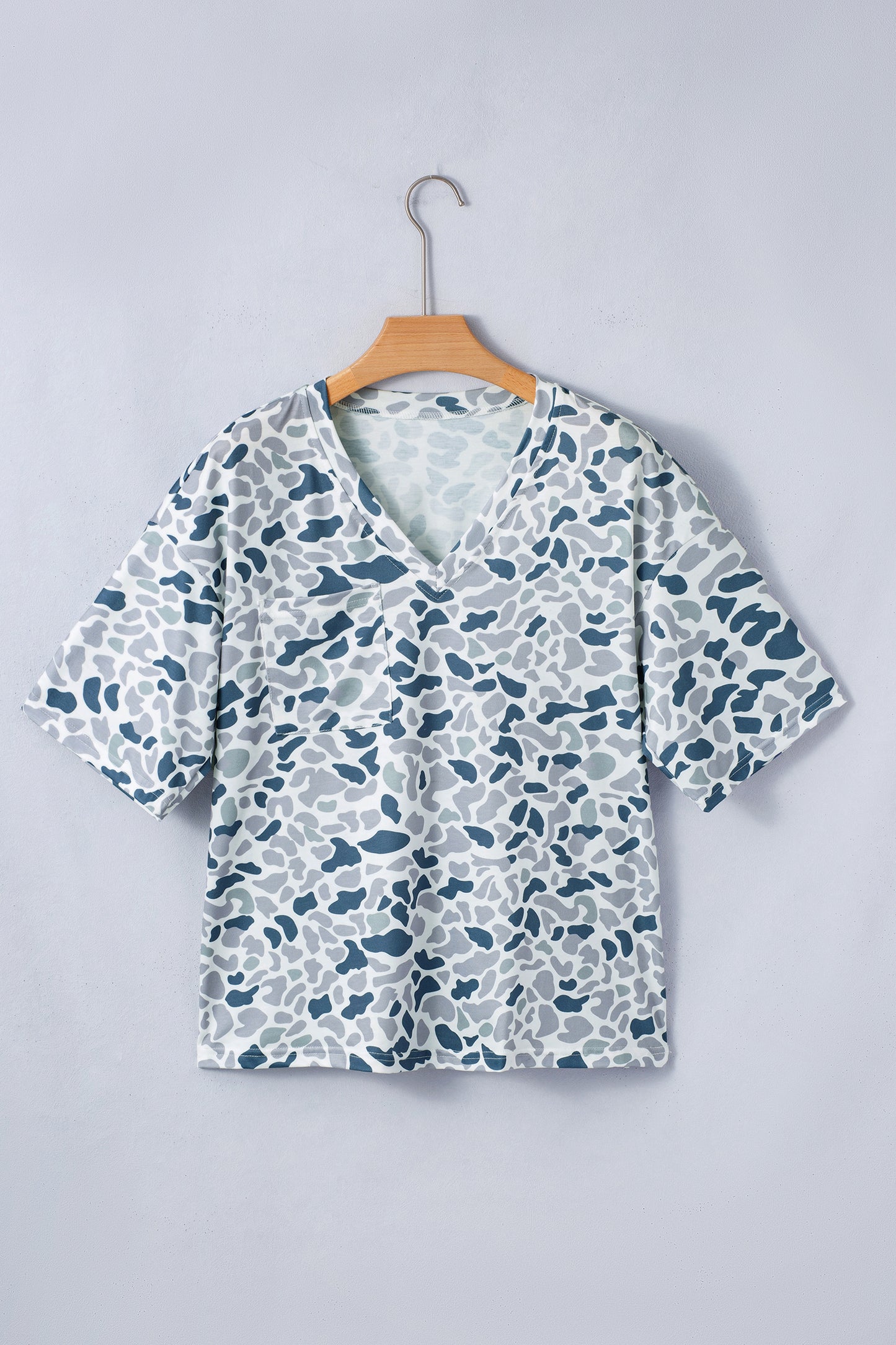 Gray Camouflage Print Single Chest Pocket V Neck Tee